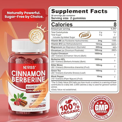 Organic Ceylon Cinnamon Berberine Supplement Gummies Sugar Free Berberine HCl Complex Gummy, Berberine with Ceylon Cinnamon, Bitter Melon, Chromium & Magnesium Glycinate, Vitamin B6 & B12, Vegan, 60ct