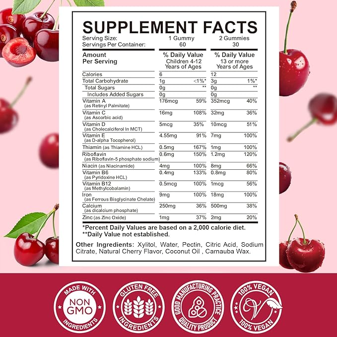 Iron Supplement Gummies for Kids - with Calcium, Zinc, Kids Multivitamin with Iron Gummies - Immune Support, Blood Builder & Energy Support for Iron Deficiency, Anemia, Cherry Flavor, 60 Gummies