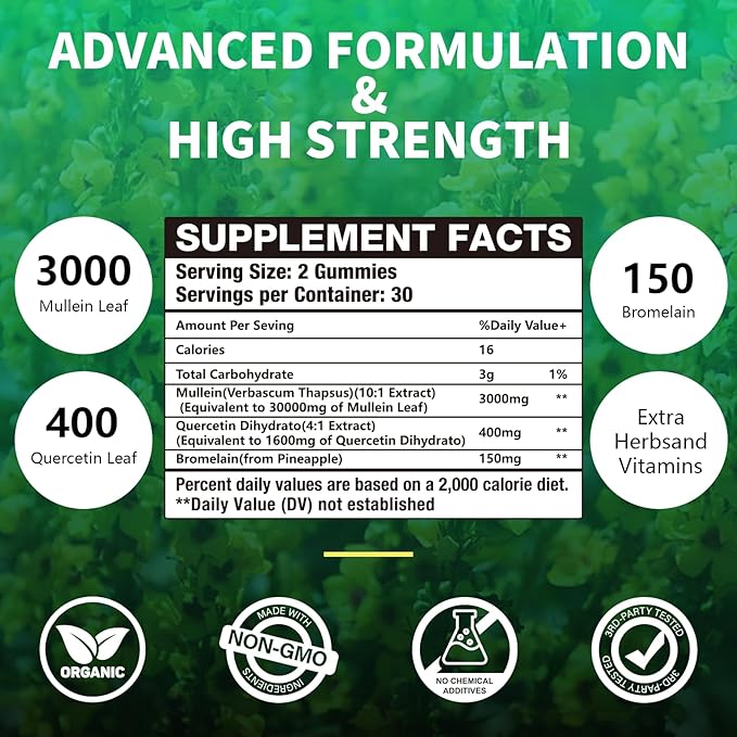 2 Packs 3000MG Organic Mullein Gummies for Lung, Mullein Leaf Extract for Lungs - Quercetin, Bromelain for Respiration，Immune and Digestive Support, 120 Count Blueberry Gummys