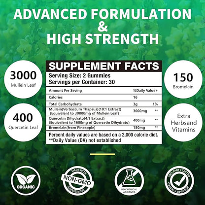 2 Packs 3000MG Organic Mullein Gummies for Lung, Mullein Leaf Extract for Lungs - Quercetin, Bromelain for Respiration，Immune and Digestive Support, 120 Count Blueberry Gummys