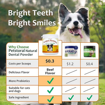 Natural Dog Dental & Supplement Powder, Plaque & Tartar Control with Glucosamine, Omega-3, Probiotics & Vitamin E for Joint, Beef Liver Flavour, Digestion & Fresh Breath