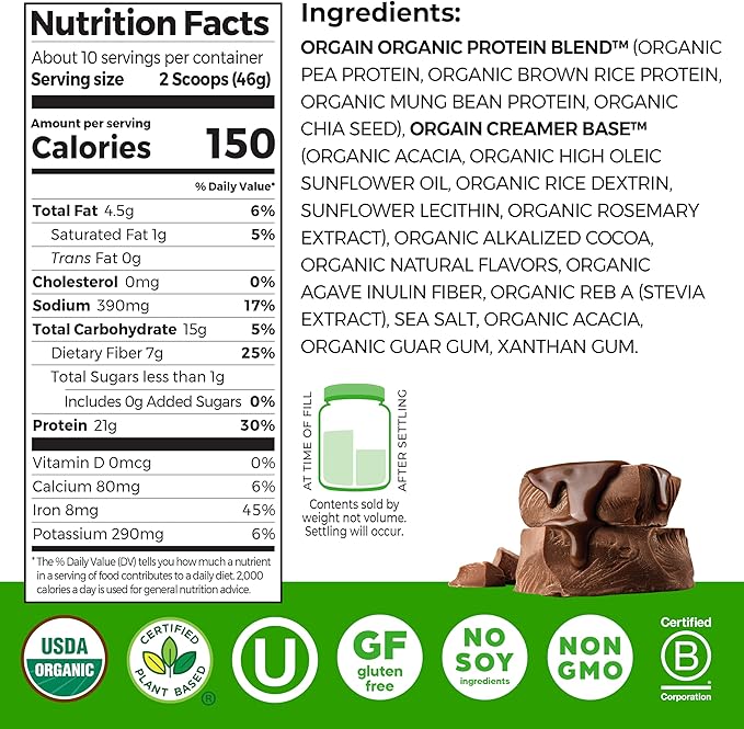 Orgain Organic Vegan Protein Powder, Creamy Chocolate Fudge - 21g Plant Protein, 7g Prebiotic Fiber, Low Net Carb, No Lactose Ingredients, No Added Sugar, Non-GMO, For Shakes & Smoothies, 1.02 lb