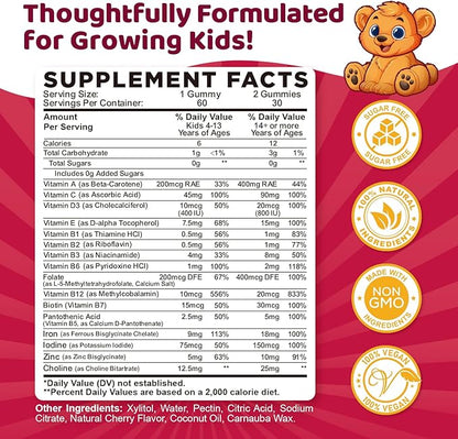 Iron Supplement Gummies for Kids, Kids Multivitamin with Iron Gummies - Zinc, Vitamin B Complex, A, C, D3, B12, Folate for Blood Builder & Energy Support, Iron Deficiency, Vegan Cherry 60ct
