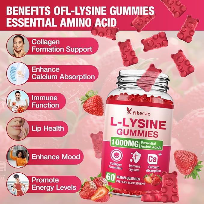 2 Pack L-Lysine 1000mg Gummies, Chewable Lysine Supplement for Lips & Skin, Immune Support, Essential Amino Acid, Non-GMO, Vegan, Gluten Free, Sugar-Free, Strawberry Flavor, 120 Count
