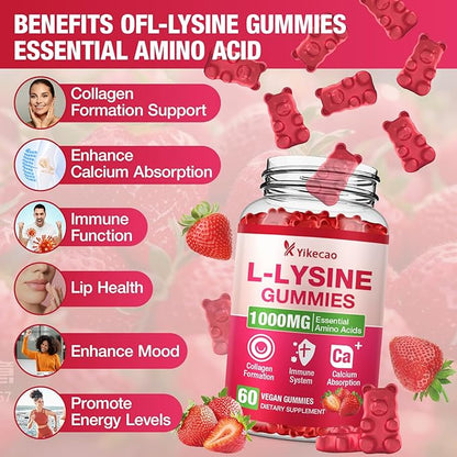 2 Pack L-Lysine 1000mg Gummies, Chewable Lysine Supplement for Lips & Skin, Immune Support, Essential Amino Acid, Non-GMO, Vegan, Gluten Free, Sugar-Free, Strawberry Flavor, 120 Count