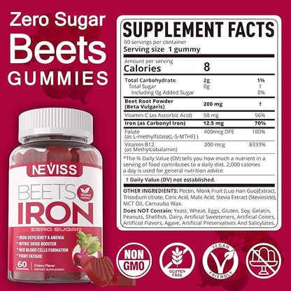 Beet Root Gummies with Iron, Methyl B12, Folate, Vitamin C - Increase Nitric Oxide & Iron Levels, Energy Support, Fight Fatigue, Beetroot & Gentle Iron Supplement, Sugar Free, 60 Counts