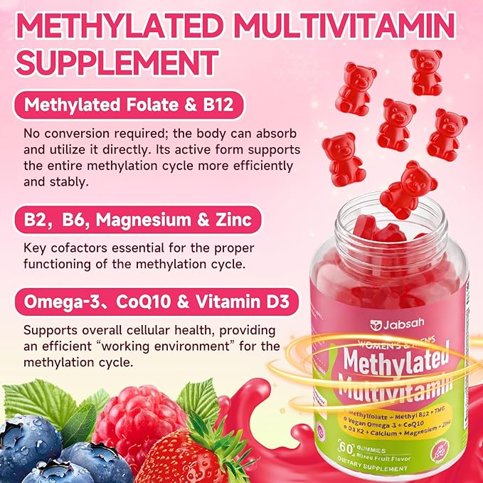 Methylated Vitamin B Complex Gummies for Women & Men, Multivitanins Gummy with Vitamin A, C ,E, Methylfolate & B12, TMG, Calcium, D3 K2, Magnesium & More for Overall Health-Vegan, Sugar Free,120 Cts