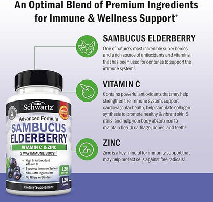 BioSchwartz Elderberry Capsules with Zinc and Vitamin C for Adults - Immune Support Vitamins for Women and Men - Black Sambucus Elderberry Vitamin C and Zinc - Multiminerals Supplement, 120 Count