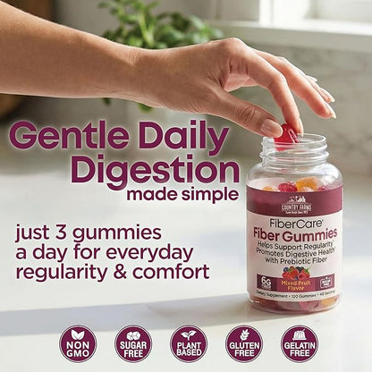 Country Farms Fiber Care Prebiotic Gummies,6g of Fiber Per Serving,GLP-1 Booster,FOS from Beets,Digestive Health and Bloat,Supports Regularity,Mixed Fruit Flavor,120 Gummies,40 Servings,(Pack of 2)