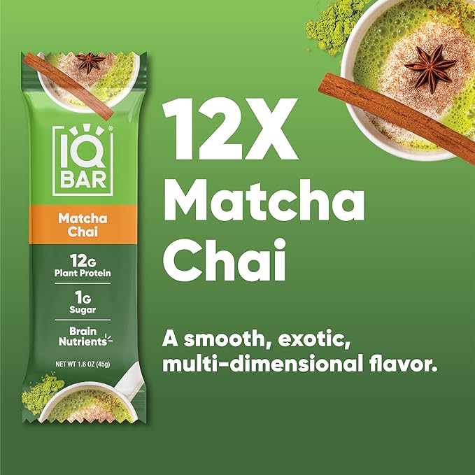 IQBAR Clean Plant Protein Bars - Matcha Chai - 12 Count - Keto, Vegan, High Fiber, Gluten and Dairy Free, Low Sugar Snack - Brain and Body Nutrients for Focus, Energy, Meal Replacement