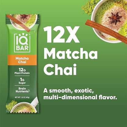 IQBAR Clean Plant Protein Bars - Matcha Chai - 12 Count - Keto, Vegan, High Fiber, Gluten and Dairy Free, Low Sugar Snack - Brain and Body Nutrients for Focus, Energy, Meal Replacement