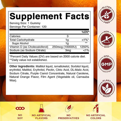 Vitamatic Sugar Free Vitamin D3 10000 IU - 120 Pectin Based Gummies - Great Taste - Healthy Bones, Mood & Immune System Function - Non-GMO - 120 Servings