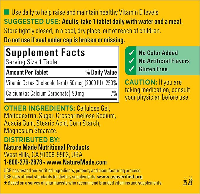 Nature Made Vitamin D3 2000 IU (50 mcg), Vitamin D Supplement for Bone, Teeth, Muscle and Immune Health Support, 400 Tablets, 400 Day Supply