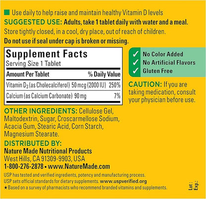 Nature Made Vitamin D3 2000 IU (50 mcg), Vitamin D Supplement for Bone, Teeth, Muscle and Immune Health Support, 400 Tablets, 400 Day Supply