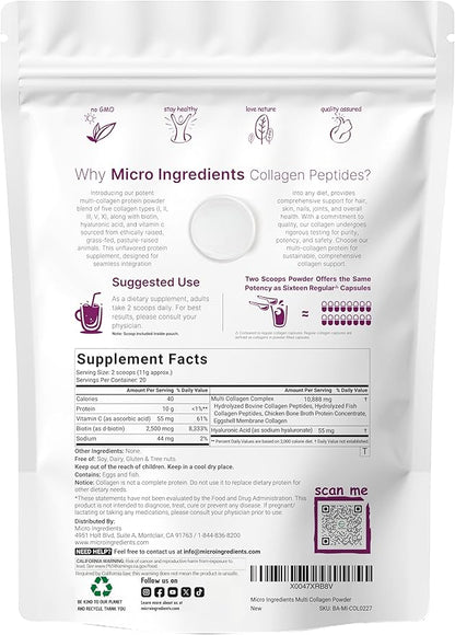 Micro Ingredients Multi Collagen Peptides Powder, 8oz – Hydrolyzed Type I,II,III,V,X with Biotin, Hyaluronic Acid, Vitamin C – Unflavored Collagen for Women & Men, Easy Dissolve, 20 Servings