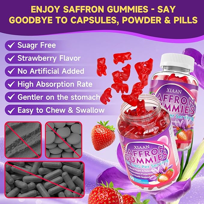 Saffron Supplements for Kids & Adults, 10 in 1 Saffron Gummies 88.5mg Saffron Extract with Ashwagandha, L-Theanine for Calm, Zzz, Antioxidant, Sugar-Free/Organic, Strawberry Flavor 120 Count
