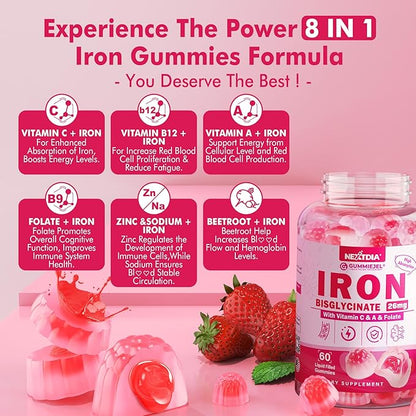 Iron Gummies for Women & Men, Iron Bisglycinate Gummies 26mg, Plus Vitamin C, Folate, Beet Root, B12 & Zinc,High Absorption Iron Supplement for Iron Deficiency, Immune & Energy Boost, Sugar-Free 60Cts