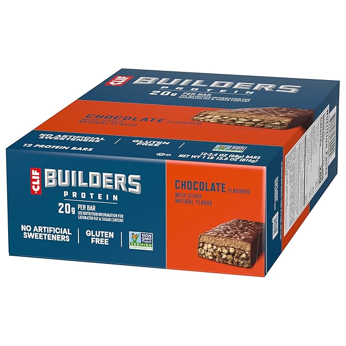Clif Builders Protein Bars - Chocolate Flavor - 20g Plant Based Protein - Gluten Free - Non-GMO - Low Glycemic - No Artificial Sweeteners - 2.4 oz. (12 Pack)