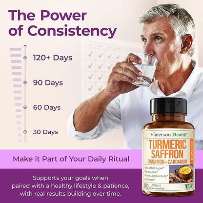 Saffron Supplements – 89mg Saffron Extract, 1000mg Turmeric Curcumin, Ceylon Cinnamon & Cardamom – Daily Mood, Joint & Metabolic Support – Joint Supplements for Women & Men – 180 Capsules