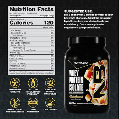 NutraBio 100% Whey Protein Isolate Protein Powder, 25g Protein with Complete Amino Acid Profile, Non-GMO, Soy & Gluten Free, Low Carb, Low Calorie Whey Protein Powder, Vanilla Caramel, 2 Lbs