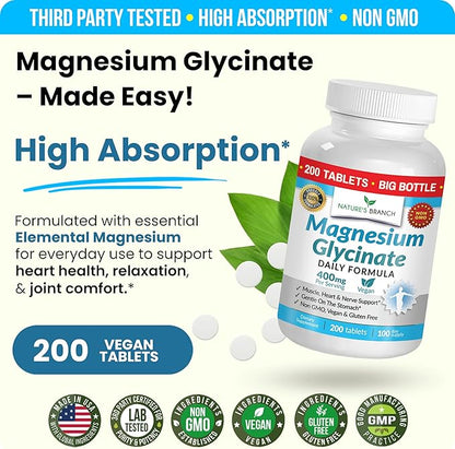 Magnesium Glycinate 400mg | 200 Tablets | High Absorption Mag Supplements for Sleep, Leg Cramps, Heart, Muscle, Calm | Non Buffered Bisglycinate, Extra Strength for Women and Men, Tablets Not Capsules