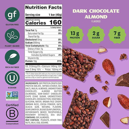 Simply Protein - Dark Chocolate Almond Crispy Bars - Plant Based Protein Bars - Low Carb, Low Sugar, High Fiber - 13g Protein, 2g Sugar, 7g Fiber - Vegan, Gluten Free, Non GMO, Kosher - 4 Bars
