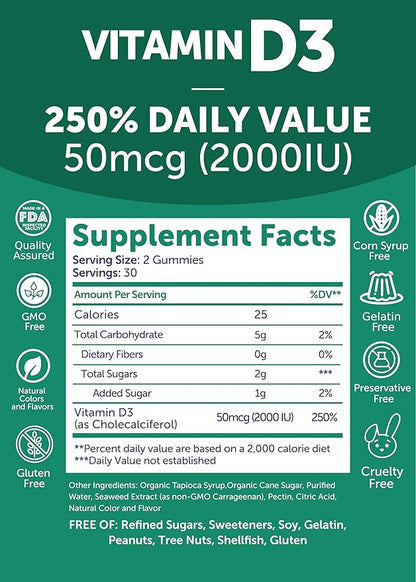 Lunakai USA Made Vitamin D3 Gummies 2000 IU - Non-GMO, Gluten-Free Vitamin D Gummies for Women & Men - Bone, Immune & Energy Support, 60ct, 3 Pack