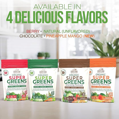 Country Farms Super Greens Pineapple-Mango Flavor, 50 Organic Super Foods, USDA Organic Drink Mix (Wheat Grass, Spirulina, Chlorella) Mushrooms & Probiotics, with Fiber, Natural Energy, 30 Servings