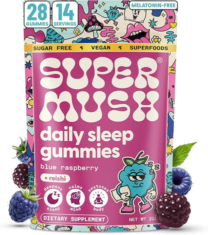 SuperMush Sleep Gummies for Adults - Mushroom Supplement with Magnesium Citrate, L-Theanine, Chaga, Reishi & Chamomile for Deep Sleep, REM & Detox - Vegan & Sugar-Free - 28 Gummies (14 Servings)