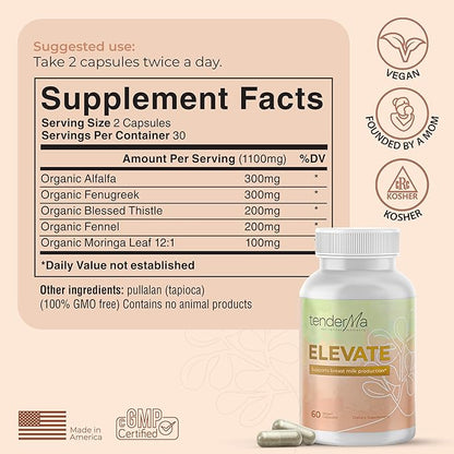 Elevate Lactation Supplement, Natural Lactation Support for Breastfeeding, Breast Milk Supply Increase, Fenugreek, Moringa, Thistle Alfalfa, Fennel, Vegan, Non-GMO, 60 Capsules