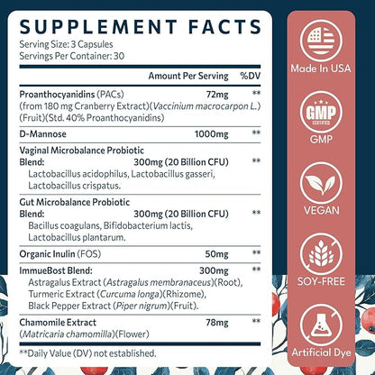 72mg PAC, Cranberry Pills for Women - Organic Cranberry Juice Extract Plus 1000mg D-Mannose, Supports Urinary Tract Health, Cranberry Supplement - 180 Capsules