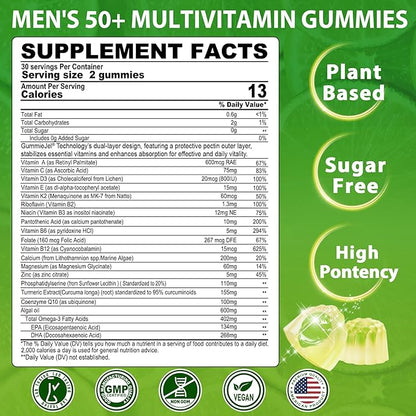 Multivitamin for Men 50 + Plus, Sugar Free Men Multivitamins Gummies w/Omega-3, Coq10, D3k2, Calcium, Magnesium, Zinc, Vitamins A, C & E, Mens Vitamins for 𝖧𝖾𝖱𝗍, Antioxidant, Brain, Bone, 60cts