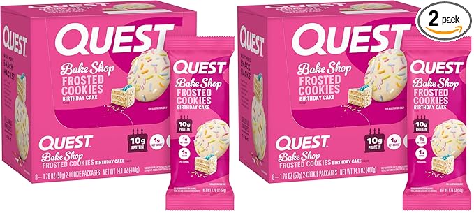 Quest Nutrition Frosted Cookies Twin Pack, Birthday Cake, 1g Sugar, 10g Protein, 1g Net Carbs, Gluten Free, 16 Cookies, (Pack of 2)