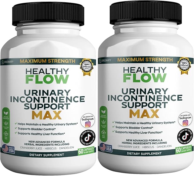 Healthy Flow Urinary Incontinence Support Max, 60 Veggie Capsules, Cranberry Juice Hibiscus Dandelion Formula, 30 Day Supply (2)