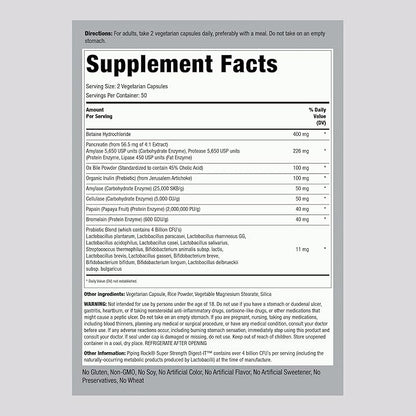 Piping Rock Digestive Enzymes for Women and Men | 100 Capsules | 4 Billion CFU | Multi Supplement with Probiotics and Prebiotics | Extra Strength Pills | Non-GMO, Gluten Free