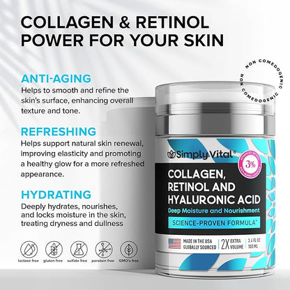 Anti-Aging Face Moisturizer with Retinol, Collagen & Hyaluronic Acid - Made in USA - Moisturizer Face Cream for Women & Men - Firming & Hydrating Neck Cream - Day & Night Skin Care - 3.38 fl oz