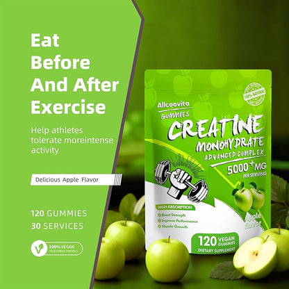 NSF Certified Creatine Gummy - Creatine Monohydrate Gummies 5000mg for Men & Women -120 Gummies Advanced Formula, Muscle Strength, Muscle Builder, Energy Boost, Pre-Workout Supplement-Apple