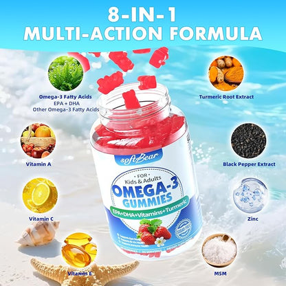 softbear Omega 3 Gummies for Women & Men & Kids Omega 3 Supplements 1200mg Vegan Omega 3 Fatty Acids DHA EPA with Vitamins Support Eye & Brain Health, Sugar Free, Strawberry Flavor 120 Count