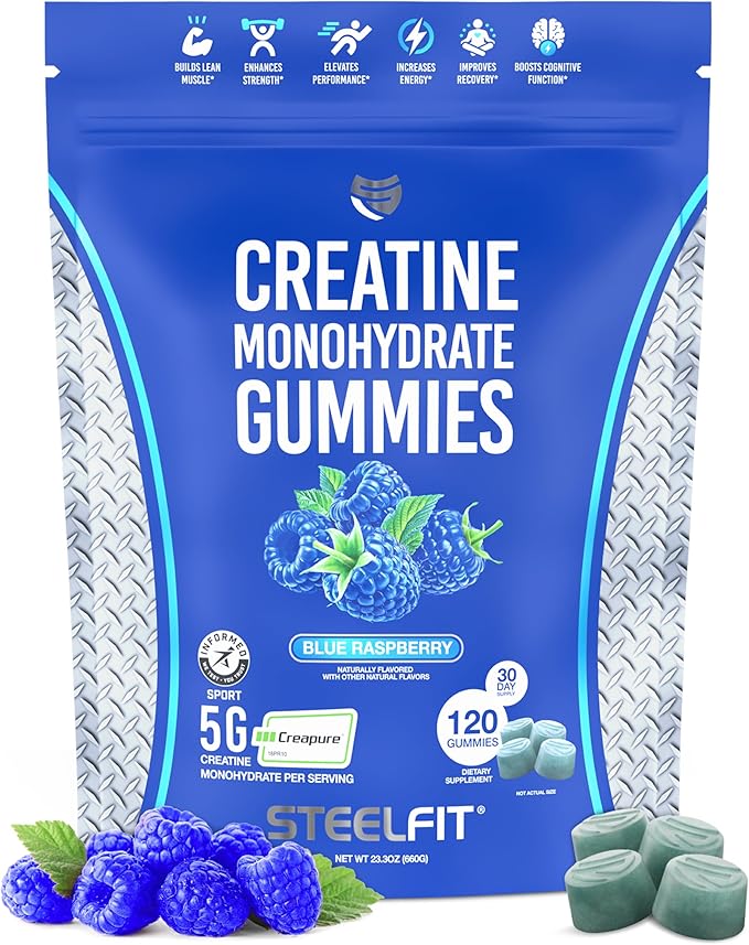 SteelFit Creapure Creatine Monohydrate Gummies for Men & Women, Blue Raspberry - Gym Workout Nutritional Supplements for Muscle Gain, Brain Health & Strength Building Dietary Supplement, 120 Gummies