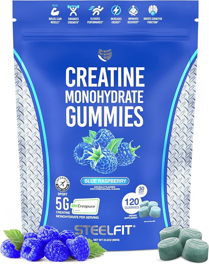 SteelFit Creapure Creatine Monohydrate Gummies for Men & Women, Blue Raspberry - Gym Workout Nutritional Supplements for Muscle Gain, Brain Health & Strength Building Dietary Supplement, 120 Gummies
