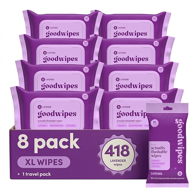 goodwipes Flushable Butt Wipes - Vitamin E & Aloe - Sewer & Septic Safe - Extra Large Adult Wet Wipes For Women & Men - Bathroom Essentials - Lavender, 418 Count (8 Packs + 1 Travel)