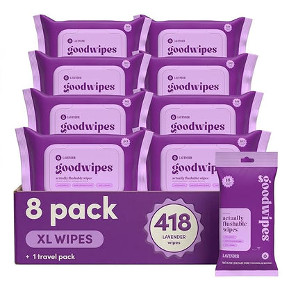 goodwipes Flushable Butt Wipes - Vitamin E & Aloe - Sewer & Septic Safe - Extra Large Adult Wet Wipes For Women & Men - Bathroom Essentials - Lavender, 418 Count (8 Packs + 1 Travel)