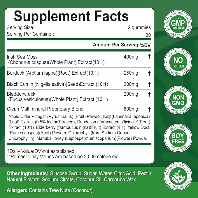 Organic Sea Moss Gummies,with Black Seed Oil,Bladderwrack,Burdock Root, Vegan Irish Sea Moss Gummy Vitamins for Immune, Thyroid and Detox Support, Gluten-Free - 120 Gummies