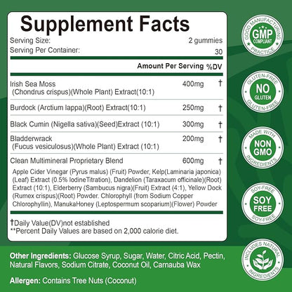 Organic Sea Moss Gummies, Natural Irish Sea Moss with Bladderwrack,Burdock Root,Black Cumin Seed for Immune, Thyroid and Detox Support, Gluten-Free, Vegan - 60 Gummies