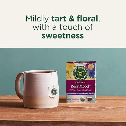 Traditional Medicinals Organic, Rosy Mood, Damiana & Butterfly Pea Flower - Uplifting Mood Support - Kosher, Non-GMO, Caffeine-Free, Compostable - 16 Tea Bags