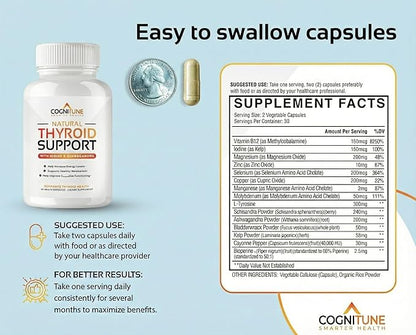 CogniTune Thyroid Support Supplement for Women and Men - Complete 14 Ingredient Formula with Iodine Selenium and B12 - Supports Natural Energy Metabolism and Mental Focus