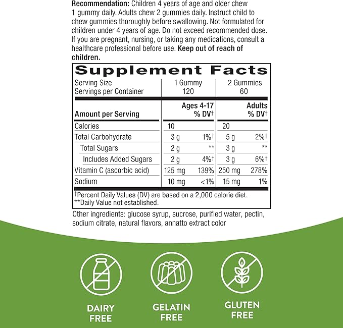 Nature's Way Vitamin C Gummies, Support Immune Health*, Antioxidant, 250 mg per 2-gummy Serving, Gummy Vitamins, Orange Flavored, 120 Gummies
