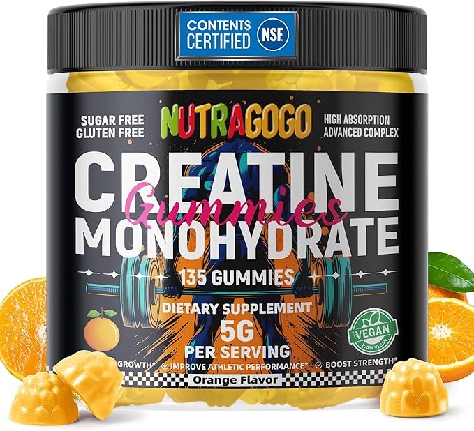 NSF Certified Creatine Gummy - Creatine Monohydrate Gummies for Men & Women-5g of Creatine Monohydrate per Serving - Sugar Free,Vegan, Organe Electrolyte Chews, 135 Count
