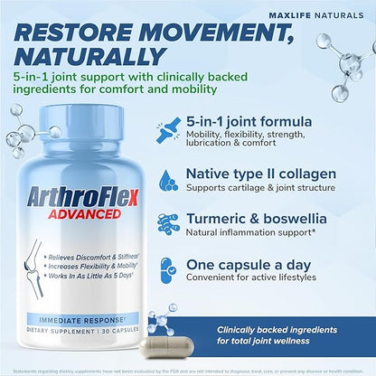 MAXLIFE NATURALS ArthroFlex Advanced Joint Health Supplement – 30 Capsules - Vital Joint Supplements for Women and Men, Type II Collagen Cartilage Supplement, Made in USA Health Care Supplements