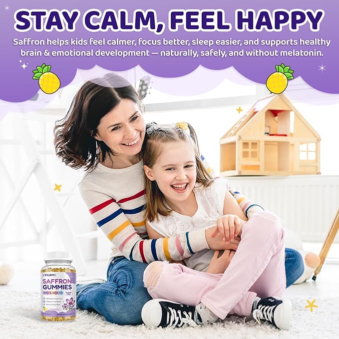 Saffron Gummies for Kids & Adults, 20-in-1 Saffron Supplements with 88.5mg Saffron Extract, B6, B12, C, D3, Magnesium for Calm, Focus, Nerve, Sugar Free, Vegan, Non-GMO - Pineapple Flavor, 120 Counts
